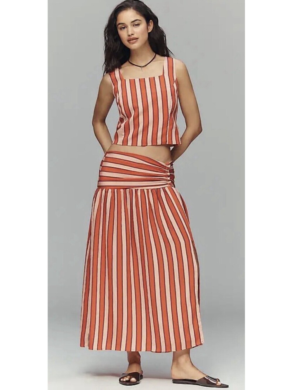 anthropologie Maeve Square Neck Tank Skirt Slit Pink Orange Stripe Set NWT XL
